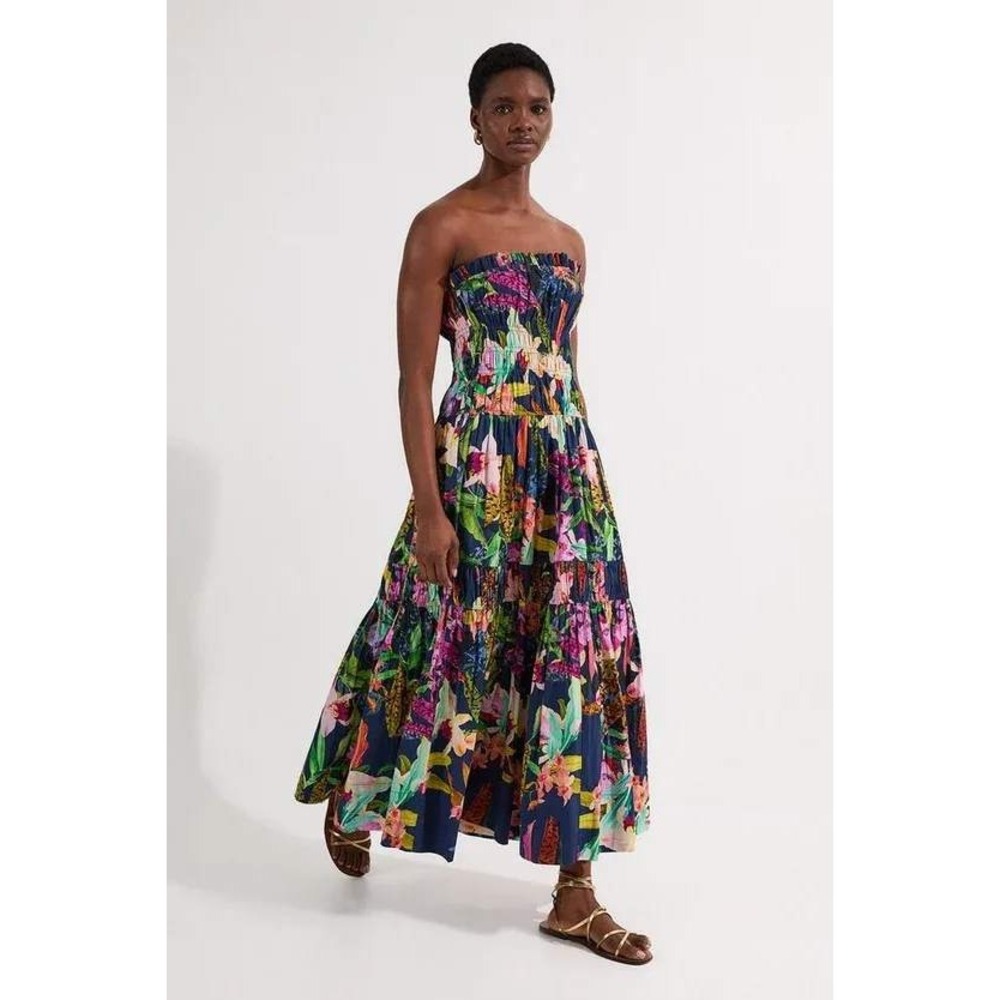Karen Millen Dress Shirred Cotton Floral Print Bandeau Woven Maxi Women's Size 4